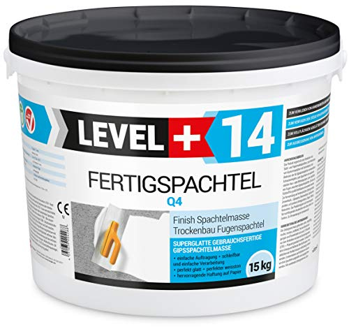 Level +14 Spachtelmasse Weiß Innen, Gebrauchsfertige Polymer-Fertigspachtel | für Wand & Decke, Q4 Finish zum Glätten, Füllen & Reparieren, Leicht Schleifbar, Für Gipskarton, Beton & Putz - 15 kg