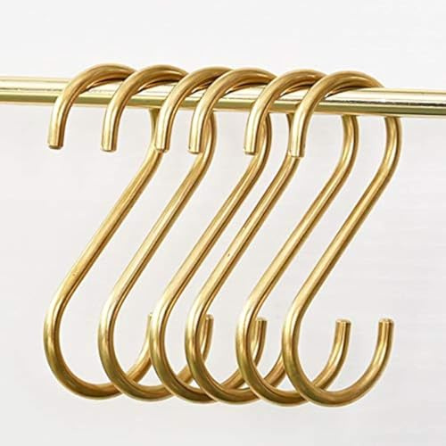YANGQIHOME 6 Stück, S-Haken Gold, S Förmige Haken aus Messing zum Aufhängen, Topf, Pfanne, Kaffeetassen, Gestellhaken für Küche Badezimmer Schlafzimmer