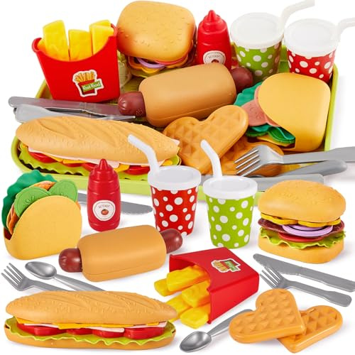 BUYGER Küchenspielzeug Lebensmittel Spielzeug für Kinder, Kinderküche Zubehör, Taco Hamburger Fast Food Kindergrill Spielzeug, Plastik Spiel Essen für Matschküche, Rollenspiele Geschenk 3 + Jahre