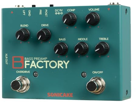 SONICAKE Bass Pedal mit Overdrive Analog Preamp Compression Effektpedal 3-Band EQ XLR Output B Factory