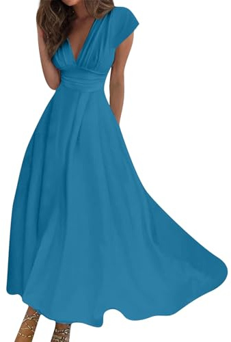 Maxikleid Damen Sommer Elegant Sommerkleid Lang A Linie Kleid Frauen V Ausschnitt Hohe Taille Kleider Tailliert Damenkleider mit Ärmel Sommerkleider Leicht und Luftig Strandkleid Schwingen