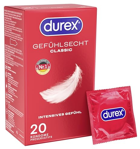 Durex Gefühlsecht Classic Kondome - Perfekter Sitz & leichtes Abrollen mit zuverlässigem Schutz - Hauchzarte, dünne, befeuchtete, transparente Kondome mit angenehmem Geruch - 20er Pack (1 x 20 Stück)