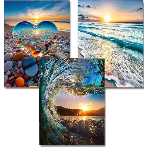 WEMEON Diamond Painting 3er Set Erwachsene, 5D Diamond Painting Strand, Landschaften Diamant Painting for Mosaik Bastelset Erwachsene, 30x40cm