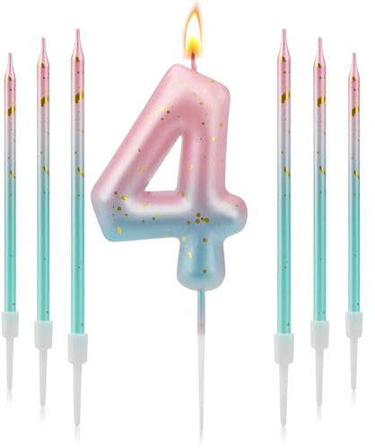 Geburtstagskerzen Zahlen 4, 3D Farbverlaufs Kerzen Geburtstag | Geburtstagskerzen Kinder Rosa Blauer Farbverlauf, Zahlenkerze für Kinder Jungen Mädchen Geburtstags Jubiläum, Kerze 4