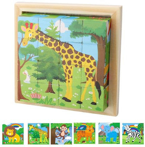 KQDRAVINE Würfelpuzzle Holz, Holzpuzzle 3D,Würfelpuzzle Puzzlespiele 6 in 1 Tier-Motive für Kinder,Montessori Spielzeug,lernendes pädagogisches Holzpuzzle-Spielzeug,Holzspielzeug ab 3 4 5 Jahren