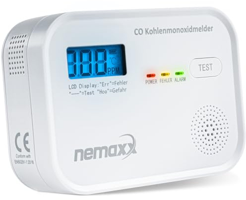 NEMAXX® CM18 Kohlenmonoxid-Melder/CO-Warnmelder mit LCD-Display – 85 dB, elektrochemischer Sensor, EN 50291-1:2018, Testtaste, 3X AA LR6-Batterien, 10 Jahre Produktlebensdauer – 1er Set