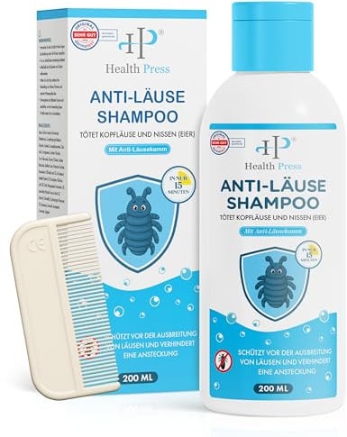 Health Press Anti-Läuse-Shampoo – 200 ml Vorteilspackung – Läuse Shampoo inkl. Läusekamm – Läuseshampoo Familienpackung für Erwachsene, Kinder – In EU zugelassenes Medizinprodukt in Apothekenqualität