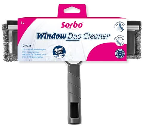 Sorbo Fenster-Duo-Reiniger – Fensterabzieher und Einwascher an einem Griff, saugfähiges sowie weiches Mikrofasertuch, Abzieher mit Flexibler Gummilippe, passend für Sorbo Multi-Click