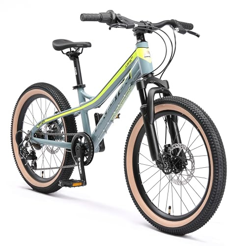BIKESTAR Alu Mountainbike Jugendfahrrad 20 Zoll ab 6-9 Jahre Hardtail | 7 Gang Shimano Schaltung, Scheibenbremse, Federgabel | Kinder Fahrrad Grau Gelb | Risikofrei Testen