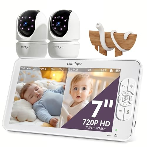 Comfyer BM01 Split-Screen Babyphone mit 2 Kameras, 7 HD 720P Video Babyphone ohne WLAN mit Halterung, IR-Nachtsicht Vox-Modus 2-Wege-Audio 6000mAh 300M Reichweite Videoüberwachungsgeräte