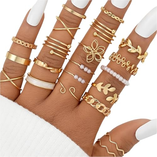 XUZOPIM 21 Stück KnöchelringeSet Für Frauen und Mädchen Schlange Kette Stapelringe Vintage Boho Mittelringe Größenmischung Fingerringe Passend für Männer und Frauen