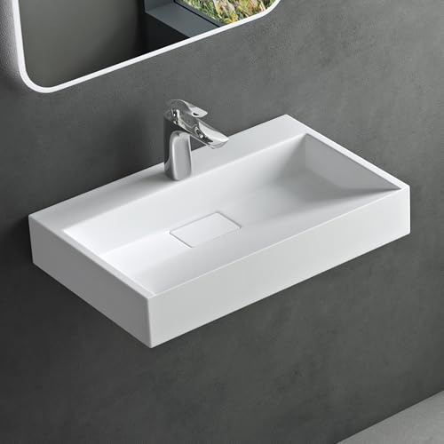 Mai & Mai Waschbecken Weiß Matt Aufsatzwaschbecken Hängewaschbecken Hängewaschtisch inkl. Ablaufgarnitur Mineralguss Rechteckig Waschplatz 1 Armaturenloch Breite: 60cm