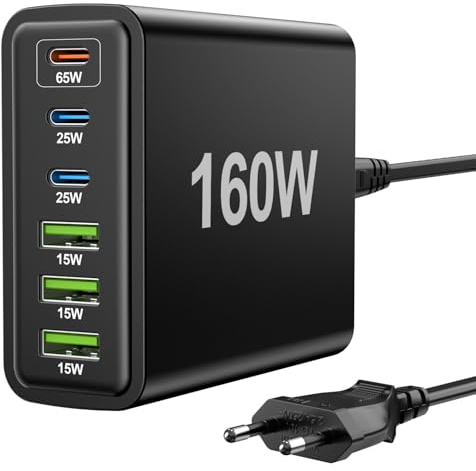 FNITAER 160W USB ladegerät mehrfach, 6 Ports netzteil C, USB C ladegerät, Schnellladegerät 65W, Mehrfachsteckdose mit -C und -A, Adapter für Laptop, Smartphones, ipad und Kopfhörer,Schwarz