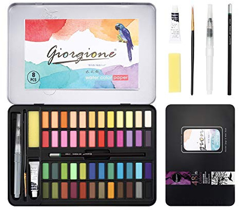 DazSpirit Aquarell-Farbkasten, 48 Farben, Wasserfarben-Set für Reisen | Mit Pinsel und 8 Blatt Aquarellpapier; tragbares Wasserfarben-Set für Künstler, Hobbymaler und Malbegeisterte