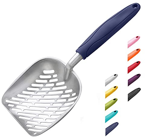 WePet Katzenstreuschaufel, Aluminium-Siebschaufel, Metall Schaufel für Katzen, Langer Griff, Kitten-KOT-Hebeschaufel für Katzenklo, unregelmäßiges Alu-Design, Blauer Griff