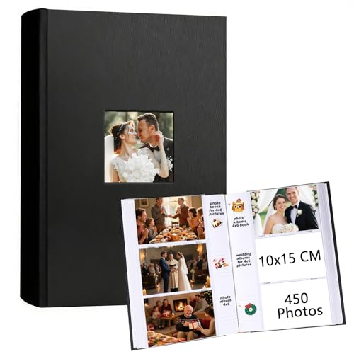 Ruibytree Fotoalbum Einsteckalbum 10x15 mit 450 Fächern – Lederbezug mit Frontfenster, Fotoalbum mit Schreibbereich – 4x6 Zoll Fotoalben für Hochzeit, Familie, Baby, Urlaub (Schwarz)