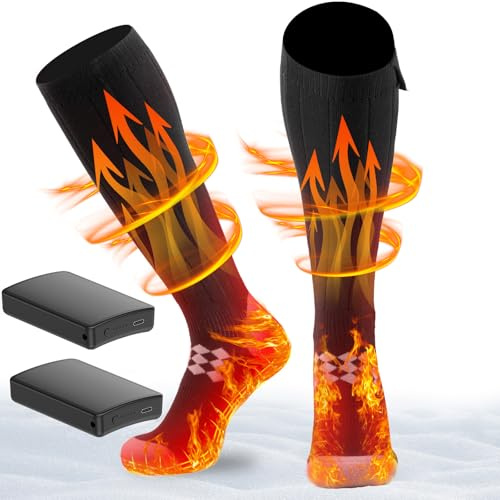 ikuchelife Beheizbare Socken, Eingebaute 2 X 9000mAh/5V Batterien, Beheizte Socken, Wiederaufladbare Wolle Beheizte Socken Bis zu 18H Fußwärmer Heizsocken Damen, 2 Heizdrähte 3 Temperaturen