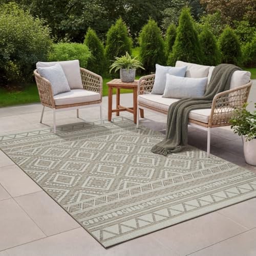 the carpet Calgary - Outdoor Teppich Wetterfest für Balkon & Terrasse, Robuster Flachgewebe Teppich für Garten, Pflegeleicht In- & Outdoor, Boho Vintage Design, Beige, 80 x 150 cm