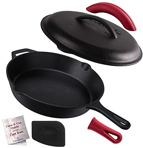 Gusseisen-Pfanne mit Deckel, 30.5 cm, voreingebrannte Bratpfannen-Set, Silikongriff und Deckelhalter, Schaber/Reiniger – für den Innen- und Außenbereich, Campingfeuer, Grillsicheres Küchengeschirr