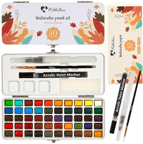 Mikkelhus Aquarellfarben Set – 50 Farben in Metallbox mit Pinsel & Aquarellpapier | Wasserfarben Malset für Reisen, Anfänger & Künstler