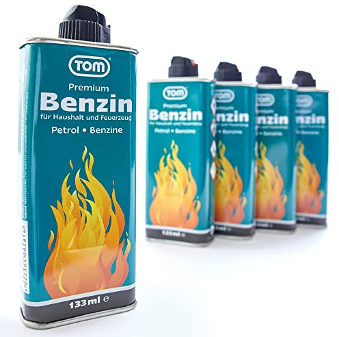 TOM Feuerzeugbenzin Set 5x133 ml zum Nachfüllen | Benzin-Flaschen für Feuerzeuge und Benzinkocher, auch als Waschbenzin verwendbar