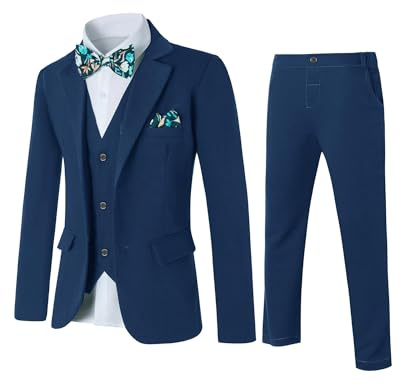 Amissz Jungen Anzug 5 Teilig Klassisch Slim Fit Hochzeitsanzug Set Gentleman Smoking Jacke Mantel + Weste + Blusen + Fliege + Hose Outfit Kinder Geburtstagsparty Taufkleidung