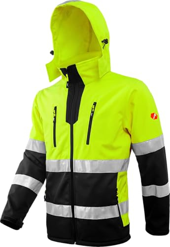 ACE Neon Warnschutz-Jacke - starke Softshell-Warnjacke inkl. Reflektoren und abnehmbarer Kapuze - EN ISO 20471 - Gelb - M
