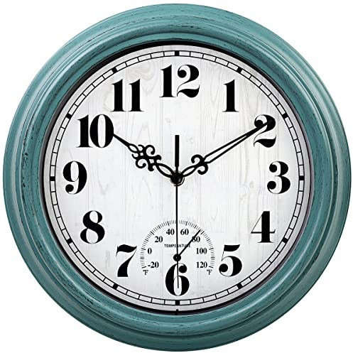zyzamay wasserdichte Wanduhr mit Thermometer, 30,5 cm, leicht zu lesen, Nicht tickend, batteriebetrieben, hochwertige Quarzuhr, dekorativ für Terrasse, Veranda, Pool, Badezimmer, Deck (grün)