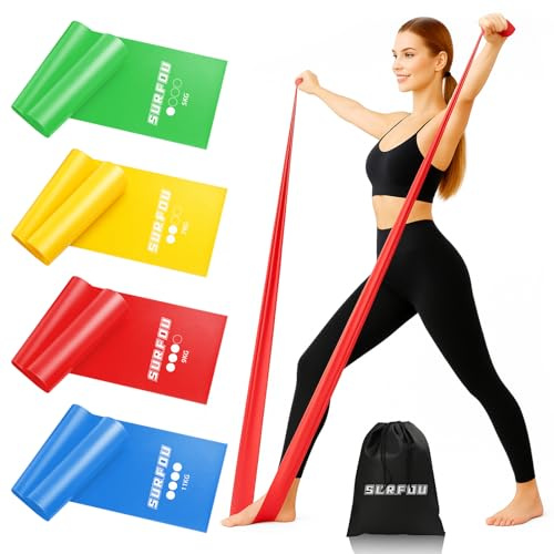 SURFOU Fitnessbänder Set, Widerstandsbänder mit 4 Widerstandsstufen | Hautfreundliche Gymnastikbänder mit Tragetasche, ideal für Gym, Zuhause, Yoga, Pilates, Krafttraining und Reha-Training
