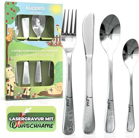 Kinderbesteck mit Namensgravur personalisiert – 4-teiliges Kinder Besteckset Edelstahl ab 4 Jahre – Individuelles Taufgeschenk für Mädchen & Jungen – Spülmaschinengeeignet (Bauernhoffreunde)