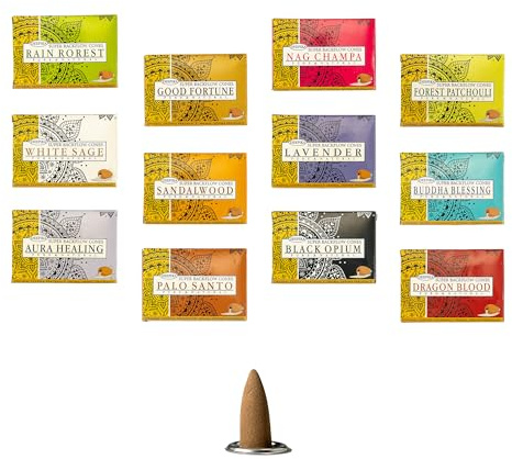 Deepika Premium Sortierte Räucherkegel Rückfluss-Kegel 12 Packungen x 10 Kegel | Am besten für Meditation, Yoga, Aromatherapie, Entspannung |