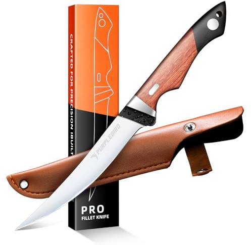PURPLEBIRD Filetiermesser für Fisch 15 CM mit Scheide, 440C Edelstahl Fischmesser zum Schneiden von Fleisch mit Holzgriff, Filitiermesser Scharf Fisch, Küche & Outdoor zum Fischen, Grillen für Männer