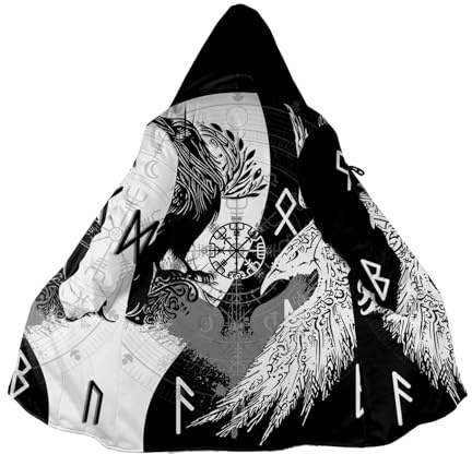 Wikinger Valhalla Amulett Herren Kapuzenumhang, Nordische Mythologie Runen Rabe Winterwarmer Kaschmirmantel, Mittelalter Oberbekleidung, Norwegen Geschenke