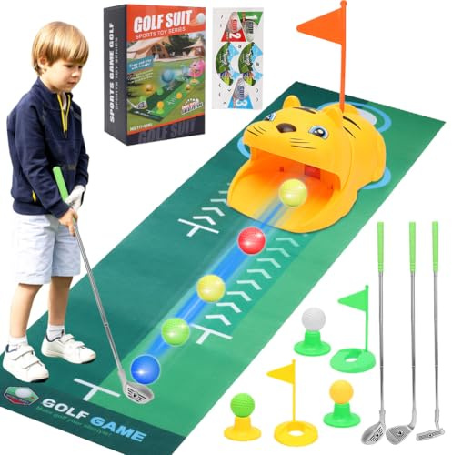 MIUUIPI Minigolf Set Spielzeug für Kinder, 22 PCS Golfspielzeug mit 1 Tiger Automatic Golf Returner, 3 Skalierbarer Golfschläger, 8 Bällen und Putting Matte, Indoor und Outdoor Sportspielzeug