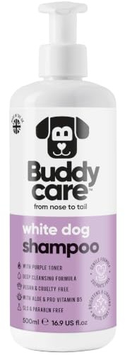 Hundeshampoo Weißes Fell von Buddycare - Aufhellendes und Aufhellendes Shampoo für Hunde - Tiefenreinigung, frisch duftend - Shampoo für weiße Hunde Mit Aloe Vera und Pro-Vitamin B5 (500ml)