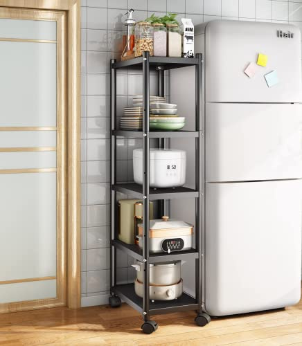SAYZH Standregal, 5 Etagen Robustes Metallregal Schmal Küchenregal, lagerregal mit Rollen und rutschfesten Füßen für Garage, Küche, Büro, Bücherzimmer, Ecke, Schwarz