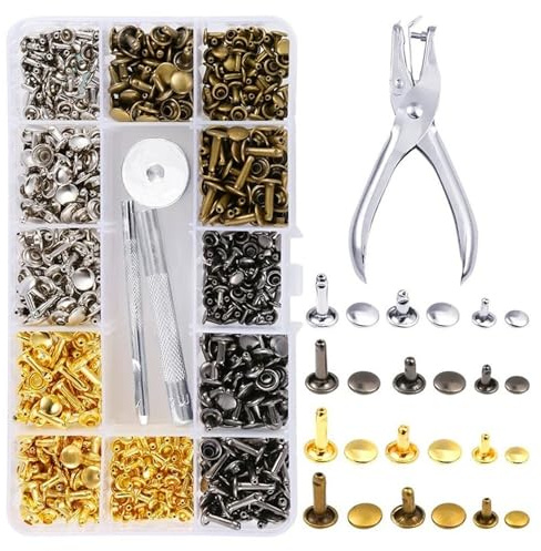 Leder Nieten 360 Stück, 3 Größen Nietenzange, Hohlnieten für Handwerk | Set mit Fixierwerkzeug, Lochzange, Doppelkappe Nieten, Robust, Langlebig, für Nähen, Reparaturen
