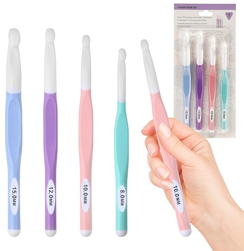 KOKNIT Häkelnadeln Set, ergonomischer Griff, Häkelnadel Set für arthritische Hände, bequeme, bunte Häkelnadeln, 8–15 mm, 4 Stück
