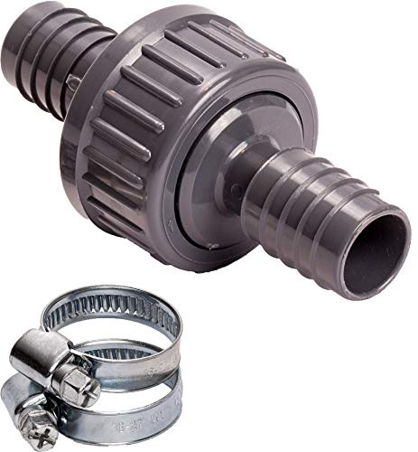 Rückschlagventil 21mm, Set mit 2 Schlauchschellen, für Wasser & Luft, sperrt Rückfluss von Abwasser aus Waschmaschine, 3/4 Zoll
