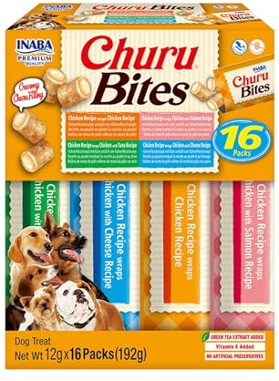 INABA Churu Bites echtem Fleisch, Hundeleckerli ohne Getreide, ohne Zucker, Keine Nebenerzeugnisse, Weiche Leckerlis für kleine Hunde und Seniorhunde in kleinen Häppchen mit Huhn 192 g (1er Pack)