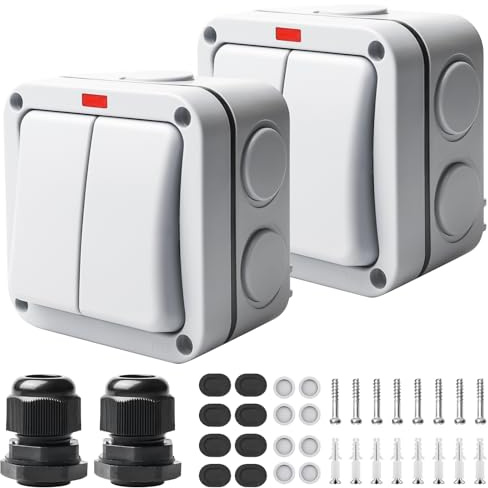 2 Stück Wetterfester Schalter Lichtschalter, 20A IP66 Wasserdichter Doppelschalter mit Unabhängigem Schalter Und Kontrollleuchte, Outdoor Universalschalter Aussen Switch für Outdoor Garten Balkon