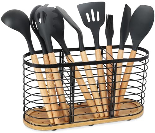buysigo Küchenutensilienhalter，Besteckhalter aus Metall - Perfekte Organisation für Ihre Küche ，große schwarze Edelstahl Utensil Schale mit hölzernen Basis，3 Fächer Küchenutensilien Caddy，Schwarz