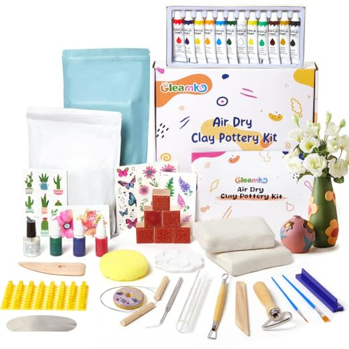 Gleamkid Ton Töpferset für Anfänger für zuhause，43-teiliges Töpfer-Set mit Acrylfarben, Stempeln und Werkzeugen - perfekt für kreative Projekte & DIY