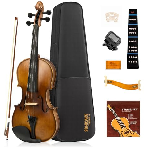 SONICAKE 4/4 Violine Geige für Erwachsene aus Massivholz Geigenset mit Hartschalenkoffer, Schulterstütze, Kolophonium, Bögen, Clip-Tuner und Saiten QVL-01
