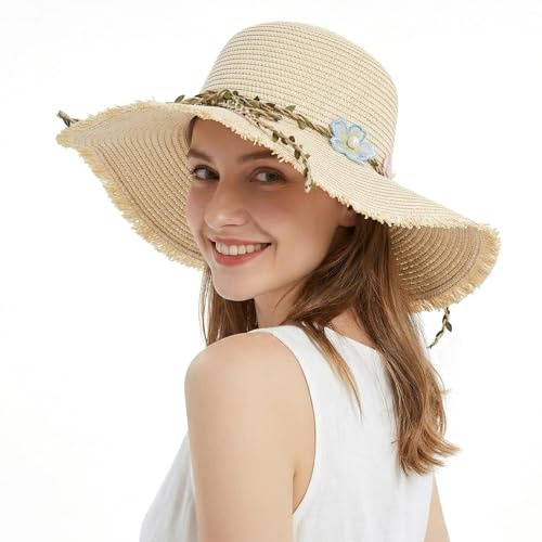 LY4U Damen Strohhut, Damen Sonnenhüte UPF 50, Sommer Strand Hut für Mädchen, Floppy Faltbarer Roll-Up Reisehut