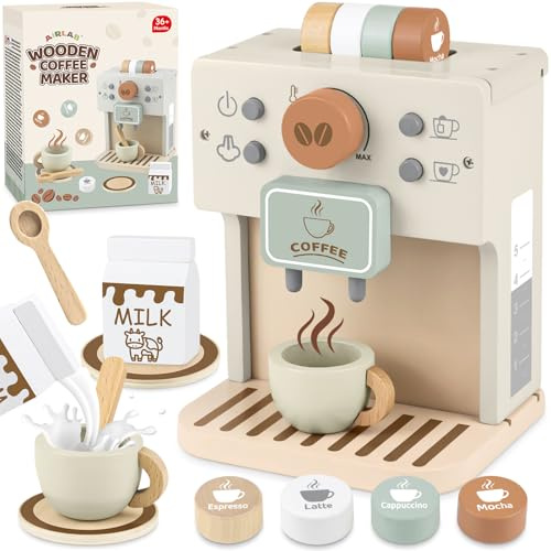 Airlab Kinderküche Kaffeemaschine Kinder Holz, Spielküche Zubehör Kaffeeservice Spielset, Küchengeräte Kaffeeset Kinder Spielzeug, Pädagogisches Holzspielzeug Rollenspiel Geschenk, Hellgrau