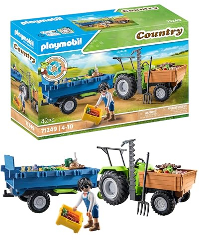 PLAYMOBIL Country 71249 Traktor mit Hänger inkl. Transportboxen, Grüner Trecker für den Bio-Bauernhof, Nachhaltiges Spielzeug für Kinder ab 4 Jahren
