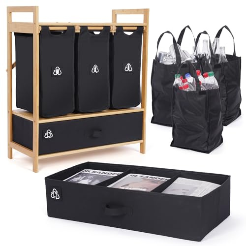 Mülleimer Küche 4 Fächer - Mülltrennsystem 4fach - Küchenmülleimer | MY FAT GORILLA Küchen Mülleimer - Mülltrennsysteme für PET, Glas, Dosen & Altpapier - Mülltrennsystem (Schwarz)