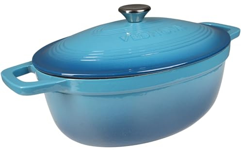 Emaillierter Gusseisen-Schmortopf VeoHome Blau 6L Oval Hochleistungsfähig, Induktion/Gas/Ofengeeigneter Topf, Homogenes Kochen, Authentische Aromen, Prägestempelter Deckel