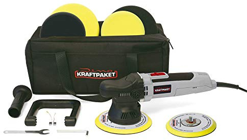 Dino KRAFTPAKET 9mm-650W Exzenter Poliermaschine für Auto Boot KFZ im Set mit Stützteller Polierpads und Tasche, 125mm+150mm, Grau